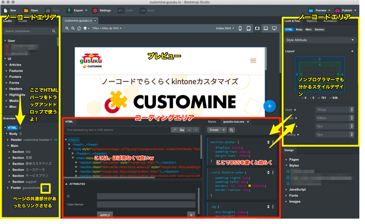 プレビュー、HTML、CSSなどが同時に見える操作画面。